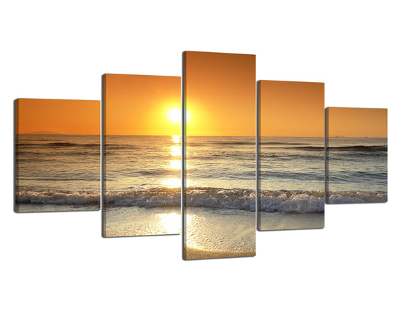 Yan Quan 5 Panels Seascape Giclee Canvas Bright Sunrise And Beach with Blue Sea Wave Picturs Paintings on Modern Stretched and Framed Sea Beach Pictures Artwork for Home Decor - 60''W x 32''H