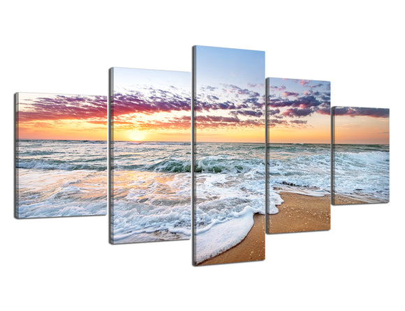 Yan Quan 5 Panels Canvas Wall Art Ocean Colorful Sunset over White Wave Beach High Resolution Natural Painting Modern Gallery-Wrapped Giclee Prints Artwork for Living Room Decoration - 60''W x 32''H