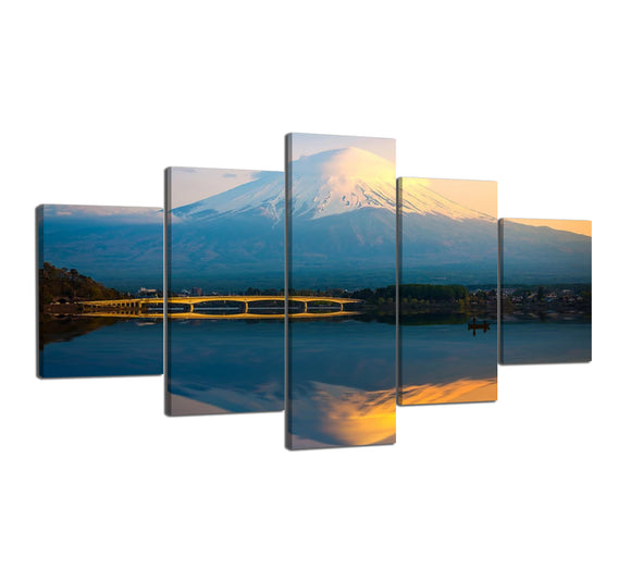 5 Panel Landscape Theme Canvas Wall Art - Japeness Mount Fuji and Shadow on the Lake Prints Painting - Modern Canvas Strectched and Framed Ready to Hang - 60''W x 32''H