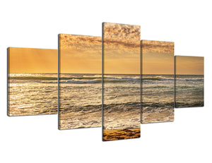 Modern Ocean Beach Giclee Artwork Sea Sunrise Picture Prints on Canvas Wall Art Wrapped with Wooden Frames 5 Panels Stretched and Framed Artwork Easy to Hang for Home Decoration - 60''W x 32''H