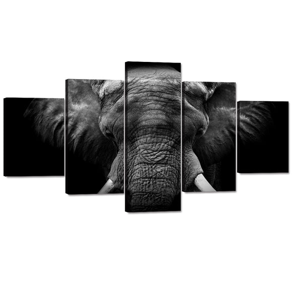 5 Panels Modern Wall Decor Elephant Ivory Painting Decor African Elephant Canvas Wall Art Animal Pictures Stretched by Wooden Frame for Home Decor Easy to Hang - 60''Wx32''H