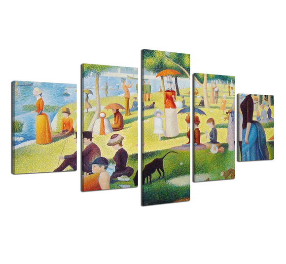 Yan Quan 5 Piece Beautiful Canvas Prints Wall Art - Many People with Tree on Island in Summer by Georges-Pierre Seura for Home Decoration - 60''W x 32''H