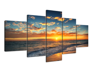 Yan Quan Modern Beach Painting Canvas Print Artwork 5 Piece Beach Colorful Sunrise Blue Sky White Wave over the Beach Decorative Artwork Wrapped with Wooden Frame - 60''W x 32''H