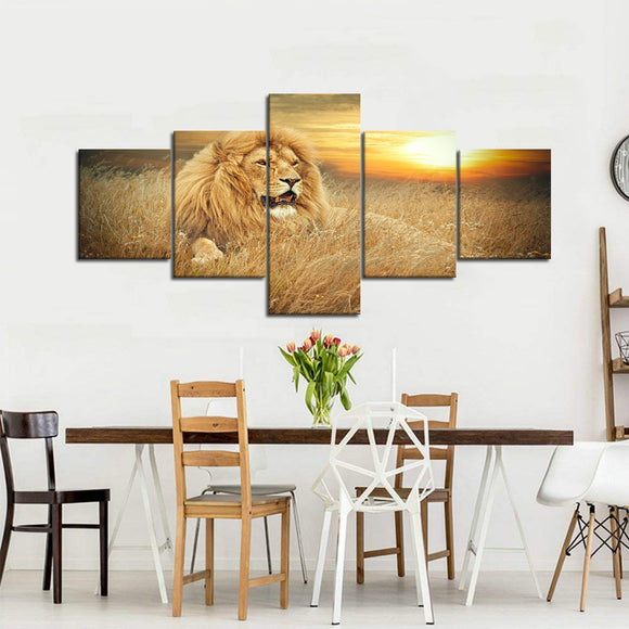 Animal Modern Home Decor Wild Lion in The Grass with Sunset Prints on Canvas Wall Art 5 Panels Stertched and Framed Ready to Hang for Living Room Bedroom Decor - 50