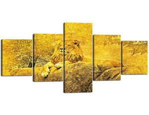 5 Panels Animal Wall Art Hand Drawn Retro Oil Painting Lion Prints on Canvas Giclee Artwork Modern Home Decor Stretched and Framed Ready to Hang, Waterproof - 50''W x 24''H