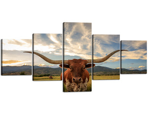 5 Panels Wall Art Painting Texas Longhorn Steer in Rural Utah Picture Prints on Canvas Wall Art Modern Animal Giclee Artwork Stretched Framed Ready to Hang Home Decor - 50''W x 24''H
