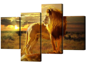 4 Panels Modern Animal Wall Art Painting Sunset Wild Lion Standing on The Stone Picture Prints on Canvas Giclee Artwork Stretched Framed Ready to Hang Home Decor - 40''W x 28''H