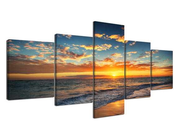 5 Panels Canvas Wall Art Beach Colorful Sunrise Blue Sky White Wave over the Beach Painting Picture on Canvas Giclee Artwork Modern Home Decor Stretched Ready to Hang - 50''W x 24''H