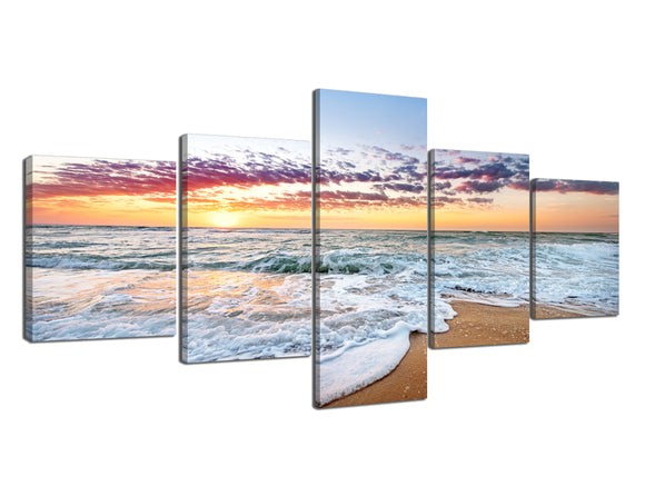 5 Panels Modern Ocean View Painting Prints on Canvas Colorful Sunset over the White Wave Beach Wall Artwork Wrapped with Wooden Frame Easy to Hang for Home Decoration - 50''W x 24''H