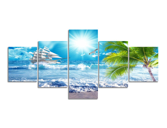 Modern Coconut Tree Painting on Canvas, Landscape Wall Art Sailboat Ocean Pictures Boat Wall Art Paintings,Wooden Framed Ready to Hang Hotel Wall Mural Decor - 50''Wx24''H