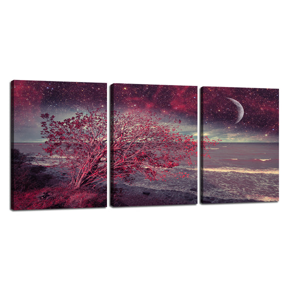 Modern Tree Canvas Painting Red Night at Sea Wall Art Painting 3 Panels Landscape Stretched and Framed Home Decoration Easy to Hang for Living Room Decor - 60''Wx28''H