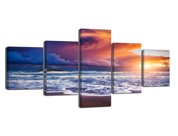 5 Panels Modern Decorative Artwork Beautiful Beach Sunrise Colorful Sky Pictures on Canvas Giclee Prints Wall Art Stretched and Framed Ready to Hang - 50''W x 24''H