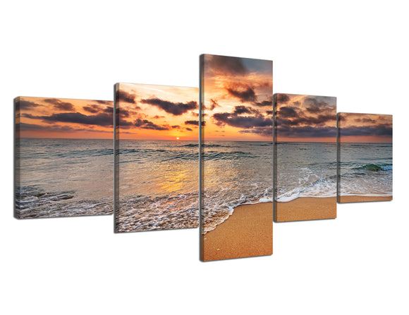 Yan Quan 5 Panels Modern Stretched and Framed Ocean Beach Wall Art Painting on Canvas Giclee Artwork Seascape Prints and Posters Home Decor for Living Room Bedroom Decor - 50''W x 24''H