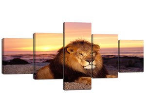 Modern 5 Panels Wall Art Painting Lion Leaning on The Stone with Sunset The Animal Picture Decor Strethced and Framed Ready to Hang for Home and Office Decor - 50" W x 24" H