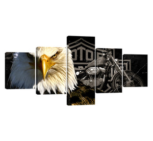 5 Panels USA Eagle Motorcycle Canvas Modern American Black and White Rustic Prints Posters Wall Art Easy Hanging for Bedroom Living Room Bathroom Decor - 50''Wx24''H