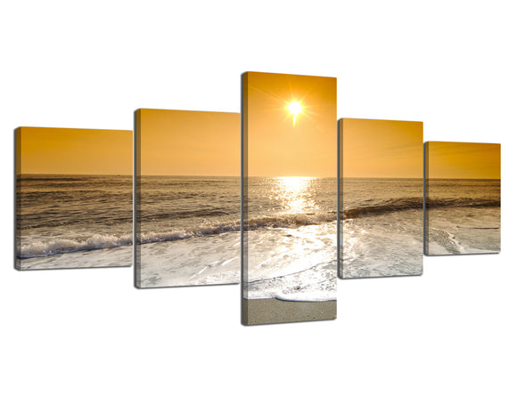 Yan Quan 5 Panels Wall Art Paiting Bright Sunrise White Wave over the Beach Picture Prints on Giclee Canvas Modern Ocean Seascape Decorative Print Artwork for Home Decor - 50''W x 24''H