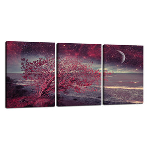 3 Piece Landscape Wall Art Painting Red Night at Sea Picture Printed on Gallery-Wrapped Prints and Posters Modern Home Decoration Stretched by Wooden Frame for Home Decor - 48''Wx24''H