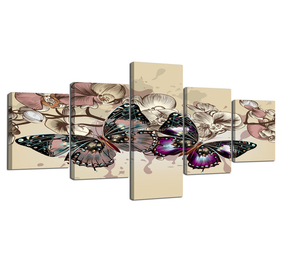 5 Panels Wall Art Painting Colorful Butterflies and Flowers Pictures on Gallery-wrappped Animal Giclee Canvas Prints Modern Decorative Artwork Stretched and Framed Ready to Hang - 50''W x 24''H