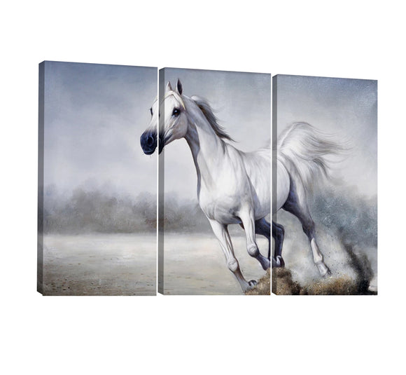 Yan Quan 3 Panels Running White Fine Horse Oil Painting Picture on Canvas Wall Art Modern Animal Stretched and Framed Decorative Artwork for Home Decoration - 36