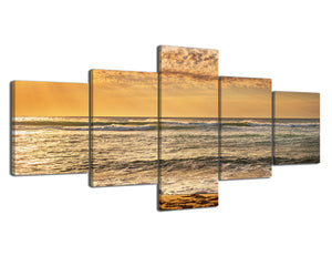 5 Panels Seascape Canvas Wall Art Beautiful Sunrise on the Beach Modern Home Decor Stretched and Framed Giclee Prints Artwork Ready to Hang for Home and Office Decoration - 50''W x 24''H
