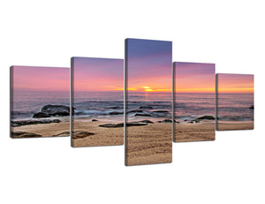 5 Panels Modern Home Decor Cloudy Sunrise over Quiet Beach with Cloud Patterns and an Orange Glow Pictutes on Canvas Wall Art Stretched and Framed Ready to Hang - 50''W x 24''H