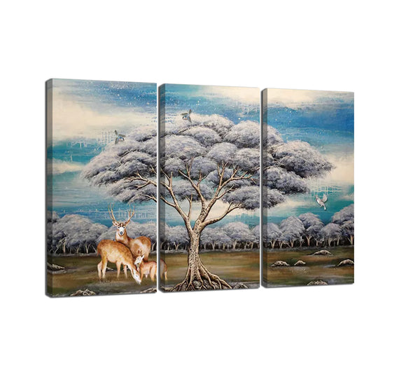 Yan Quan 3 Panels Stereoscopic Hand-painted Oil Painting Artwork 3 Deers under the Tree in the Blue Sky Background Canvas Wall Art for Home and Wall Decor - 36