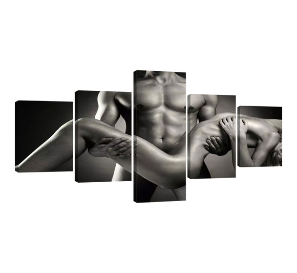 Yan Quan 5 Panels Nude Lovers on The Black Background Modern Gallery Wrapped Giclee Canvas Print Artwork People Pictures on Canvas Wall Art Bedroom Decoration - 50''W x 24''H
