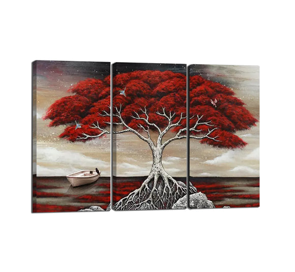 3 Panels Modern Decorative artwork - A Large Tree with Its Shadow and a Boat on the River Hand-painted Oil Painting on Canvas Wall Art Ready to Hang for Home and Wall Decor - 36