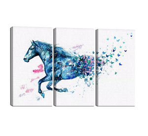 3 Panels Watercolor Dreamy Running Horse Becomes Many Butterflies Painting on Canvas Prints Wall Art Modern Decorative Artwork Stretched and Framed Ready to Hang - 36"W x 24"H