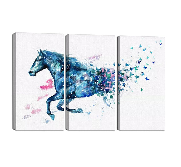3 Panels Watercolor Dreamy Running Horse Becomes Many Butterflies Painting on Canvas Prints Wall Art Modern Decorative Artwork Stretched and Framed Ready to Hang - 36