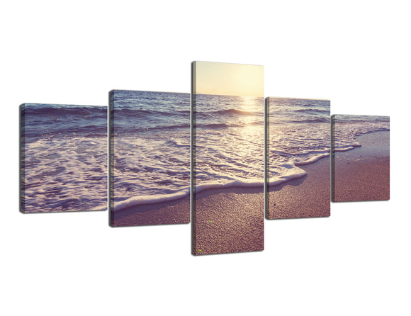 Yan Quan Seascape Wall Art Canvas Prints Sunset Blue Wave on the Beach Picture on Stretched and Framed Giclee 5 Panels Modern Ocean Decorative Artwork for Home Decor - 50''W x 24''H