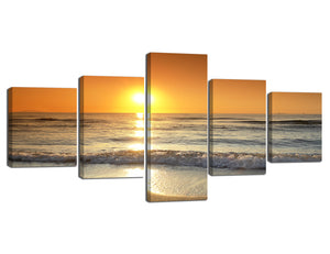 5 Panels Wall Art Bright Sunrise And Beach with Blue Sea Wave Pictures on Canvas Giclee Prints Artwork Stretched and Framed Ready to Hang for Home Decoration - 50''W x 24''H