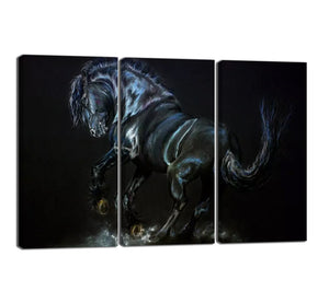 Yan Quan 3 Panels Hand-pianted European Black Horse Running with Black Background Artwork Modern Decorative Giclee Canvas Prints for Home Decor Wall Decor - 36" W x 24" H