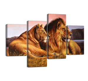 4 Panels Modern Wrapped Giclee Wall Art Wild Lioness Lion on The Prairie Pictures Prints on Canvas Animals Artwork Stretched Framed Ready to Hang - 40''W x 28''H