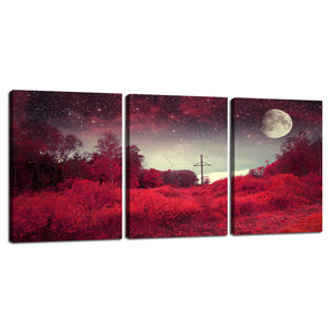 3 Piece Landscape Canvas Print Wall Art Red Night Tree Painting Printed on Stretched and Framed Artwork Ready to Hang for Living Room Decoration - 36''Wx16''H