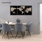 ForeverAmple - 3 Panels Black Background World Map Canvas Wall Art Modern Home Canvas Painting Canvas Wall Decor Poster Framed and Stretched Bedroom Wall Artwork Giclee Art Ready to Hang - 36"WX16"H