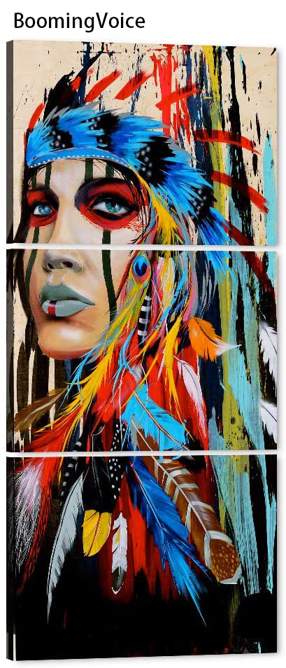 BoomingVioce - Truly Beauty Painting Native American Girl Feathered Women Modern Home Wall Decor Canvas Artworks Picture Art HD Print Painting On Canvas 3 Piece - 36