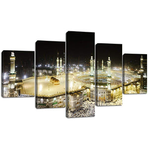Large Modern Muslim Home Decor Hajj Pilgrimage to Kabah in Mecca 5 Panels Building Theme Framed and Stretched Canvas Wall Art Easy Hanging for Bedroom Decoration - 70''Wx40''H