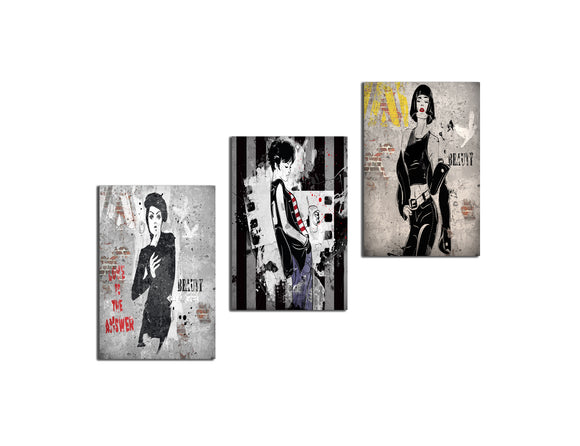 3 Piece Street Artwork on Canvas - 3 Fashion Girls Pose in Front of The Graffiti Wal Prints - Wall Art Poster for Home Decor - 48''Wx24''H