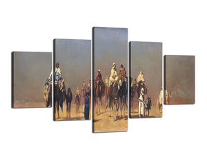 Yan Quan 5 Piece Oil Painting Artwork Wall Canvas Desert Backgroud Painting with People and Camel for Home Decorations Wall Decor - 70''W x 40''H