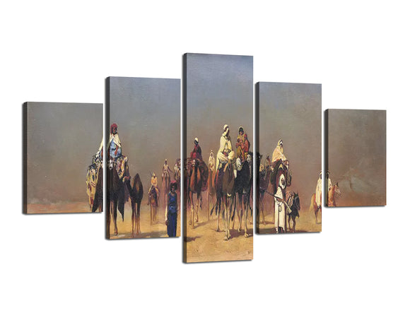 Yan Quan 5 Piece Oil Painting Artwork Wall Canvas Desert Backgroud Painting with People and Camel for Home Decorations Wall Decor - 70''W x 40''H