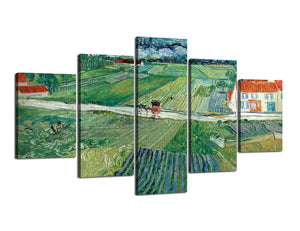 5 Piece Modern Canvas Wall Art - House and Farmland Pastoral Scenery Oil Painting by Van Gogh - Home Decor Stretched and Framed Ready to Hang - 70''W x 40''H