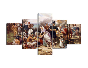 Yan Quan State Soldiers Distribute Foods to Poor Native People Oil Painting Artwork 5 Panels Modern Framed Canvas Prints Wall Art for Bedroom Living Room Bathroom Decor - 70''W x 40''H