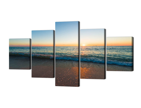Yan Quan 5 Pieces Canvas Wall Art - Charming Blue Ocean with Sunset at Dust painting - Modern Artwork for Home Decor - 60''W x 32''H