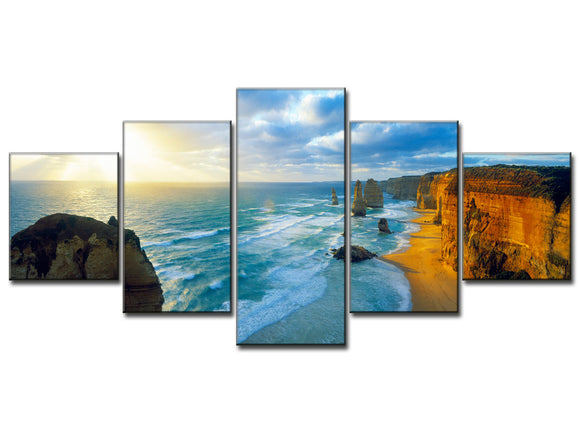 Modern Landscape Painting on Canvas 5 Piece, Beach Ocean Pictures Wall Art for Living Room Home Decor Wooden Framed Stretched Ready to Hang (60'' x 32'')