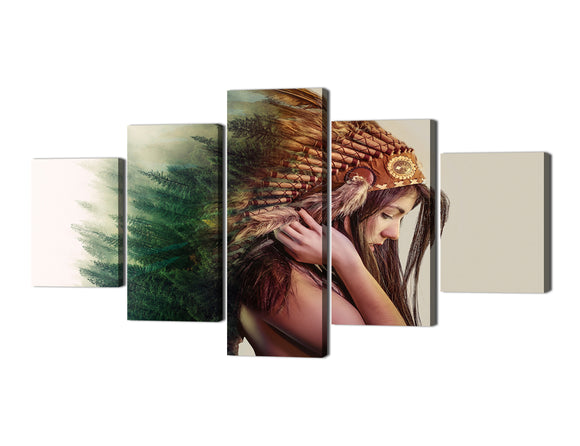Yan Quan Beauty Native American Indian Girl Wall Art Decor Painting for Home and Office Decorations - 5 Panel - 60''W x 32''H