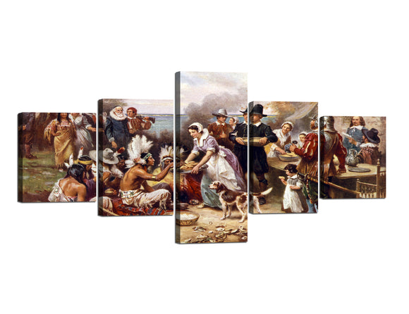 Yan Quan 5 Panels Modern Framed Giclee Canvas Print Artwork State Soldiers Distribute the Foods to Poor Native People Oil Painting on Canvas Wall Art for Home Decoration - 50''W x 24''H