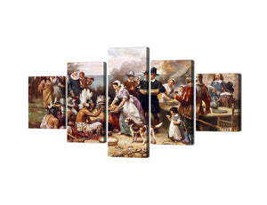 Yan Quan Modern 5 Panels State Soldiers Distribute Foods to Poor Native People Oil Painting on Canvas Wall Art Stretched and Framed Giclee Canvas Prints Artwork for Home Decor - 60''W x 32''H